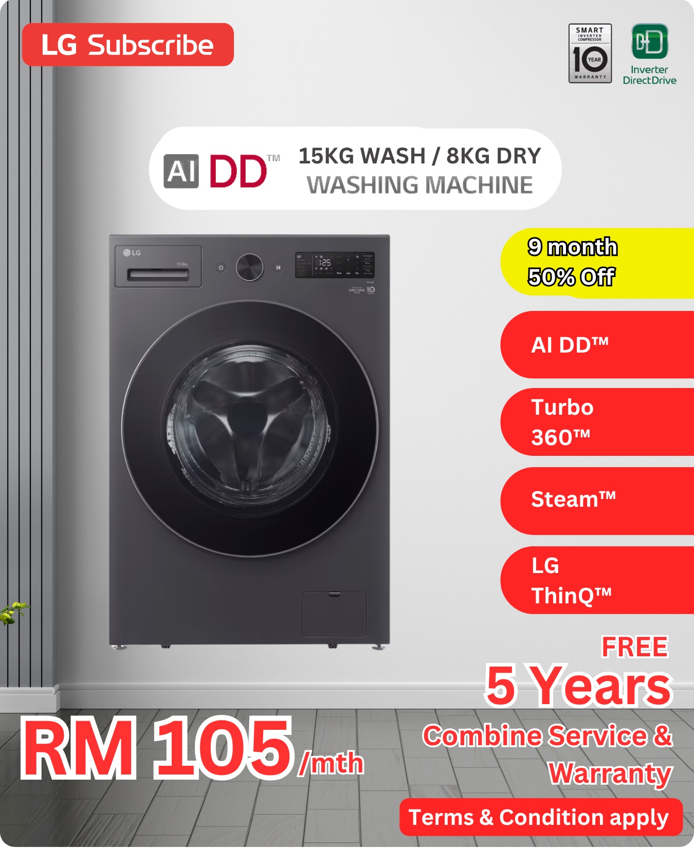LG AI DD 15KG Wash 8KG Dry Washing Machine